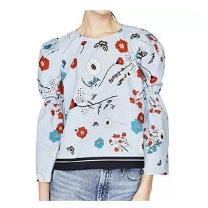 Zara poplin  floral print top with bell sleeves US XS Poppies